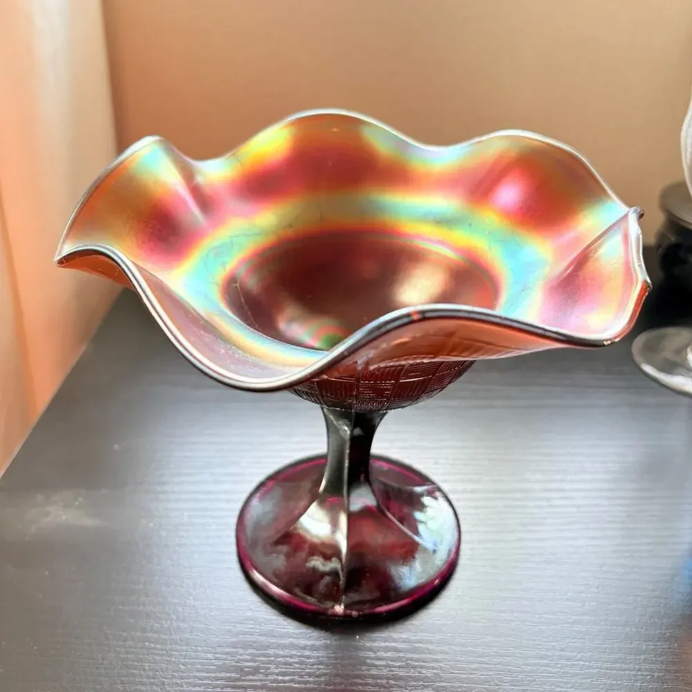 Antique Northwood Amethyst Rainbow Carnival Glass Pedestal Dish, Basket Weave
